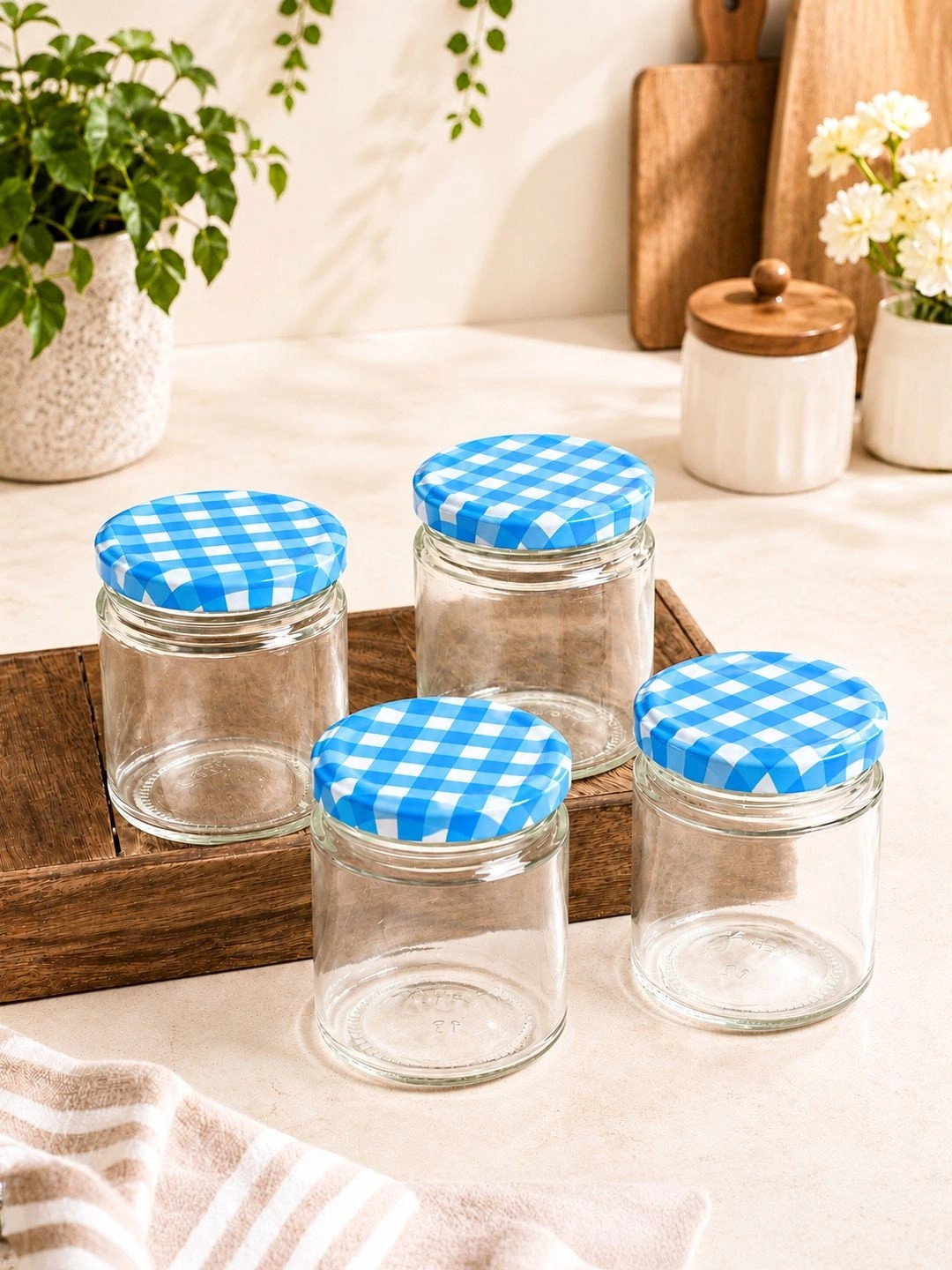 MARKET99 4 Piece Transparent Glass Container with Blue Lid 200 ml Each
