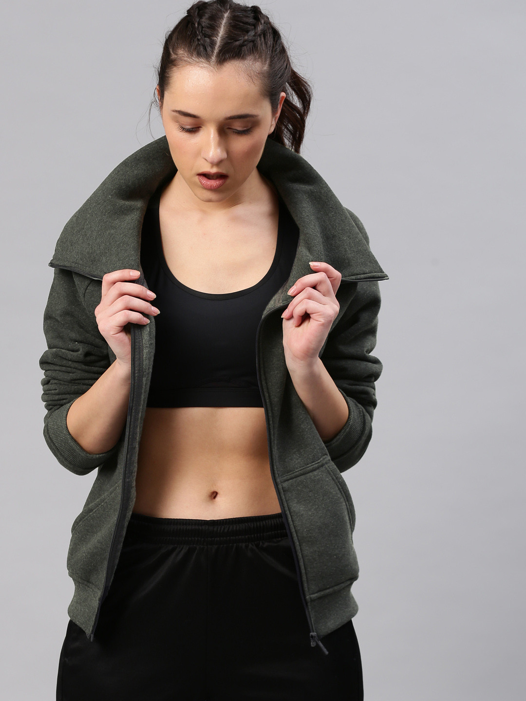 HRX by Hrithik Roshan Women Charcoal Grey Solid Sporty Jacket