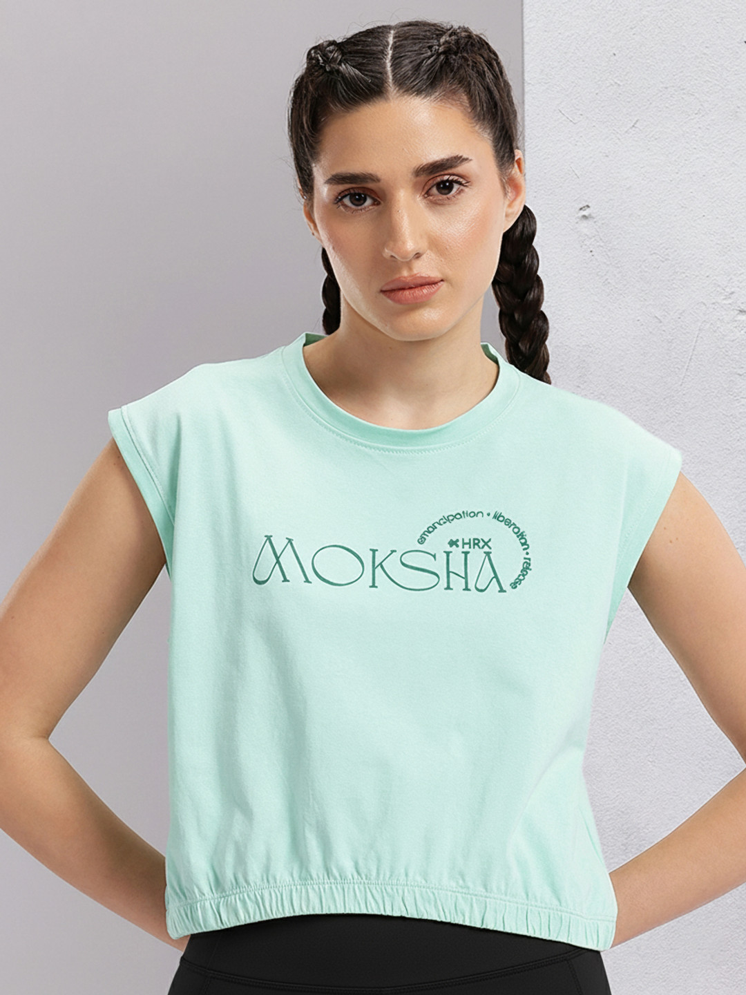 HRX by Hrithik Roshan Women Typography Printed Extended Sleeves Pure Cotton Yoga T-shirt