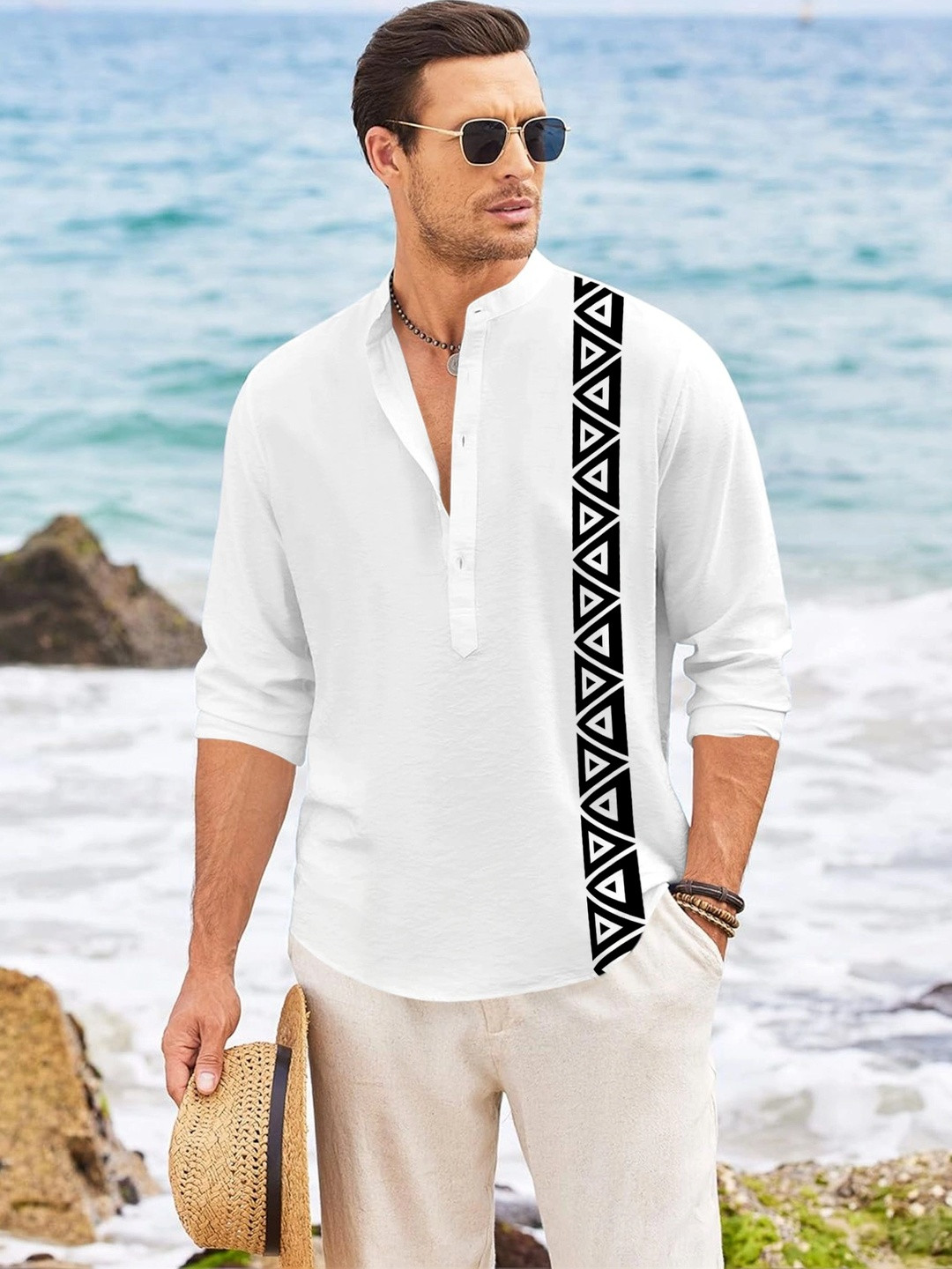 FINIVO FASHION Geometric Printed Band Collar Long Sleeves Cotton Regular Fit Shirt