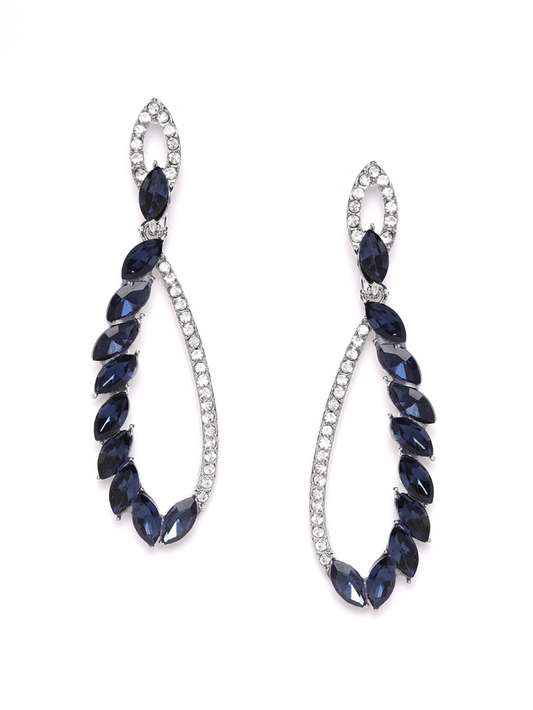 DressBerry Silver-Plated And Navy Blue Artificial Stones Contemporary Drop Earrings