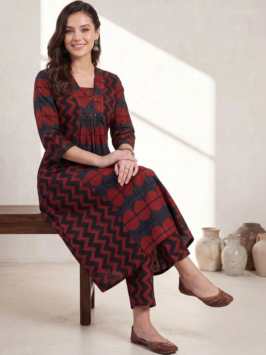 Indo Era Women Printed Empire Pure Cotton Kurta with Trousers