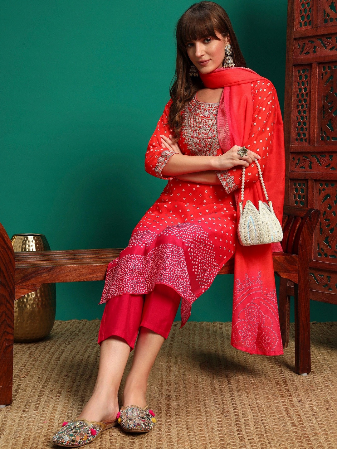 Sangria Women Ethnic Motifs Printed Regular Thread Work Kurta with Trousers & With Dupatta