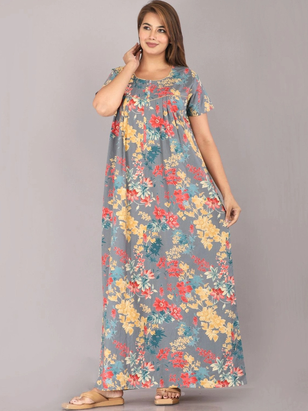 URALI Printed Maxi Nightdress