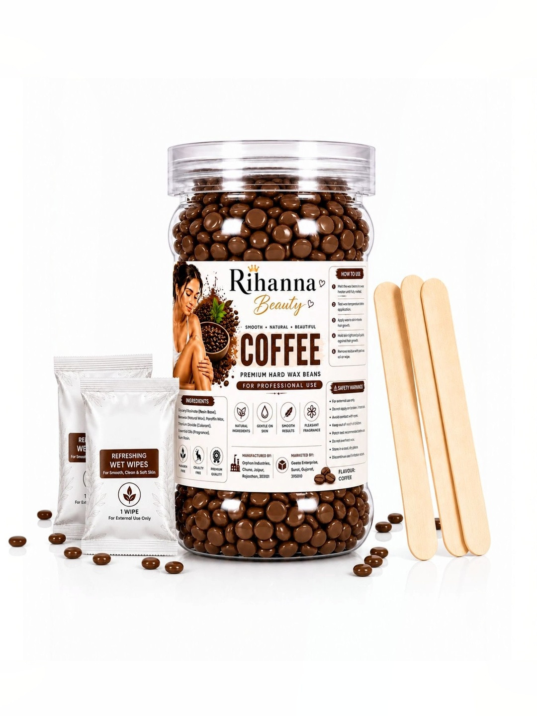 RIHANNA BEAUTY Coffee Wax Beads for Easy Peel Hair Removal - Smooth Skin Finish - 500g
