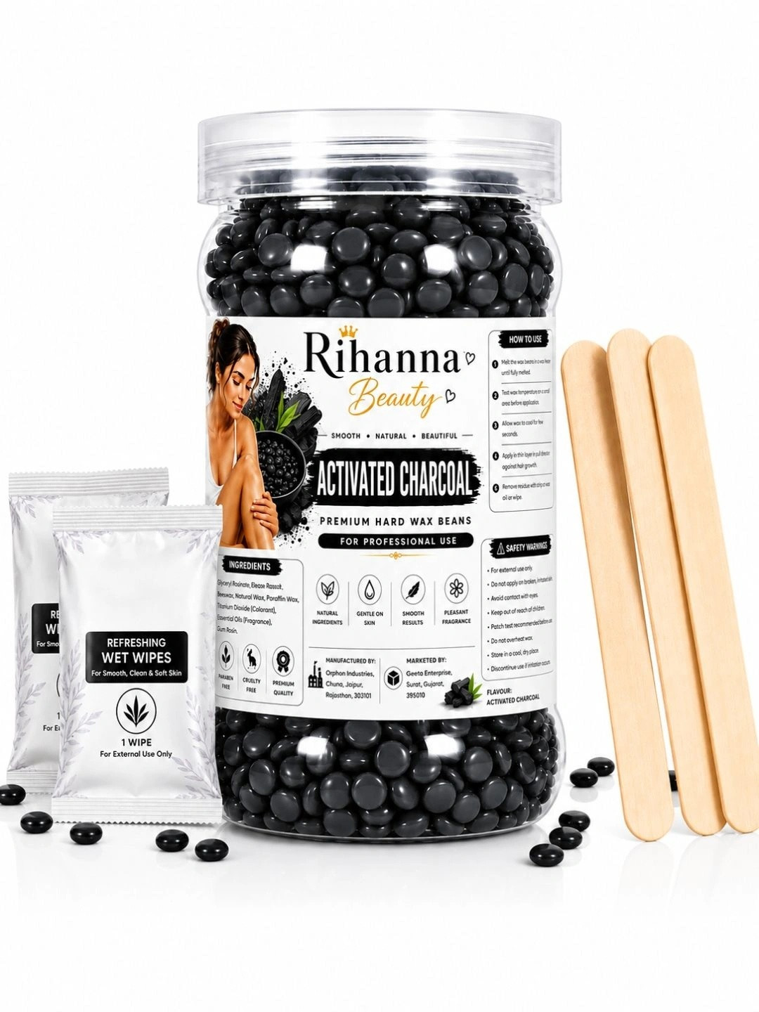 RIHANNA BEAUTY Charcoal Wax Beans for Hair Removal Face- Bikini - Underarms - 150g