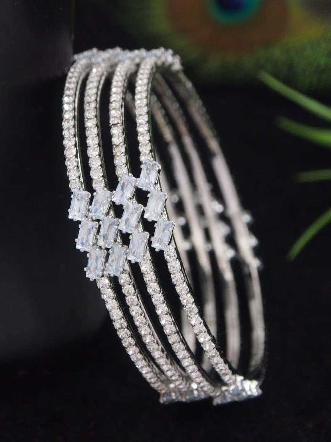 SGA FASHION Set Of 2 Silver Plated Zircon Studded Bangles