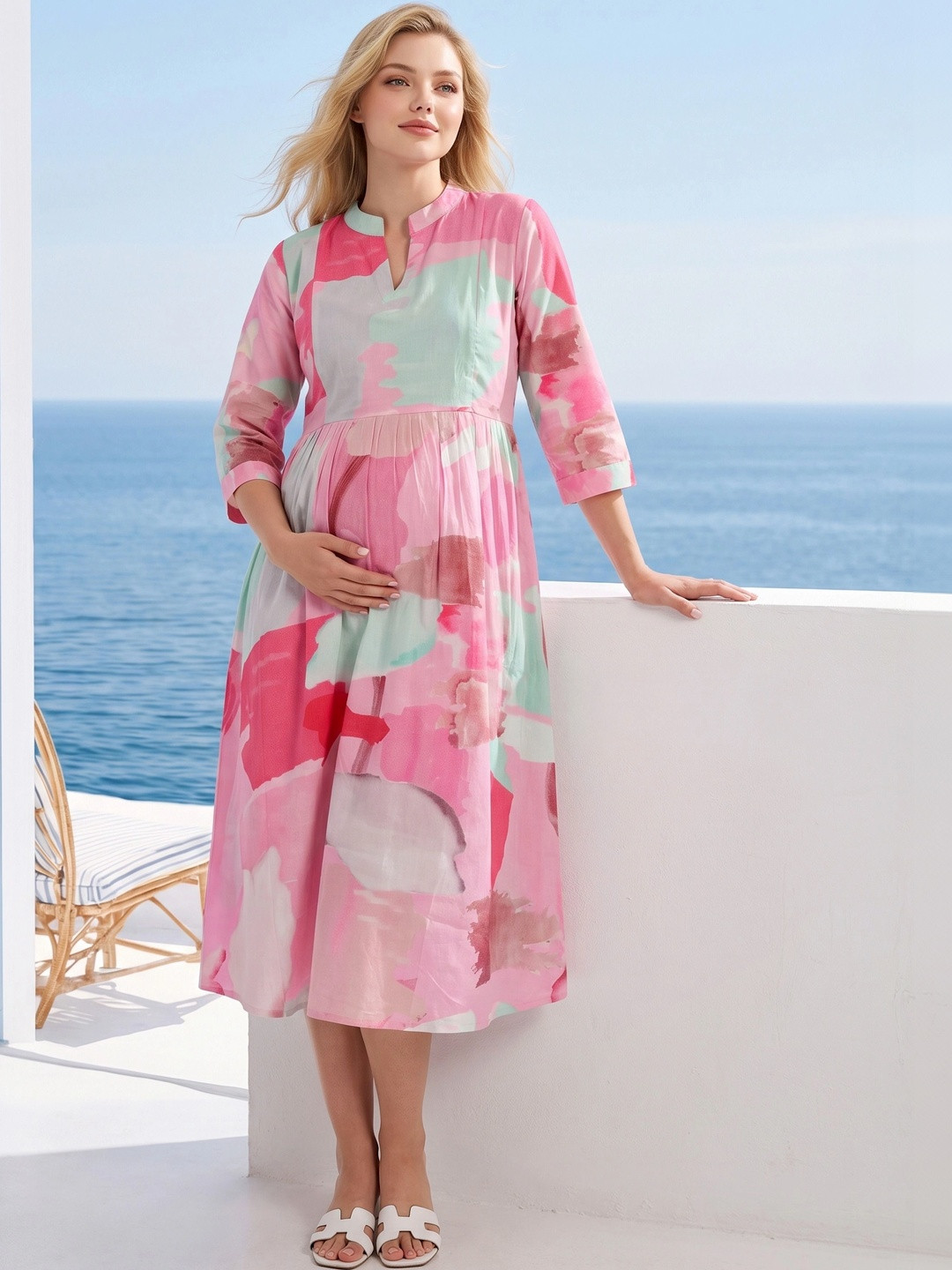 EASY MOM Print Maternity A-Line Midi Dress