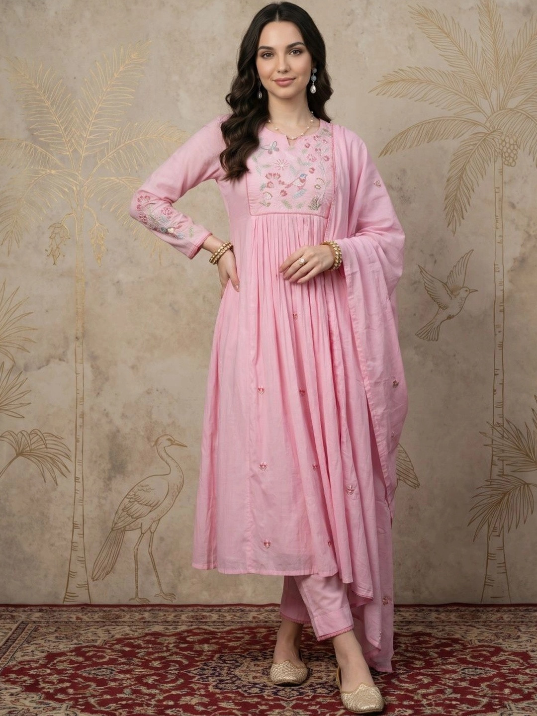 Sangria Women Ethnic Motifs Embroidered Empire Thread Work Pure Silk Kurta with Trousers & With Dupatta