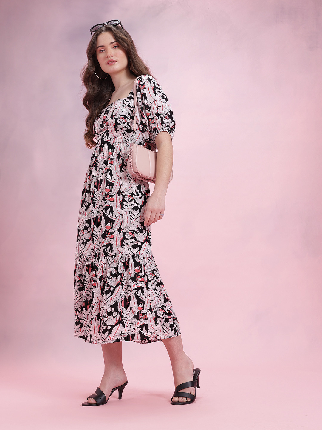DressBerry Floral Print Puff Sleeve A-Line Midi Dress