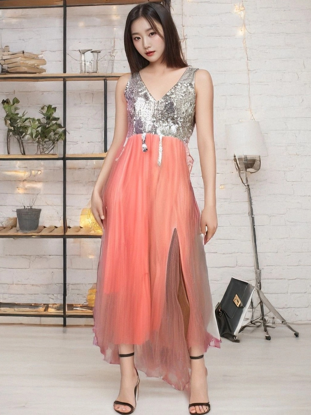 Ombre Sequin V-Neck Sleeveless Maxi Dress
