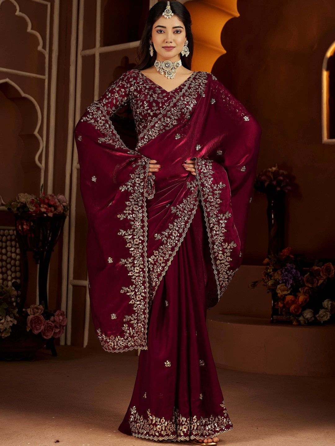 GRUHNAREE Embellished Embroidered Satin Saree with Heavy Jari Embroidery Work