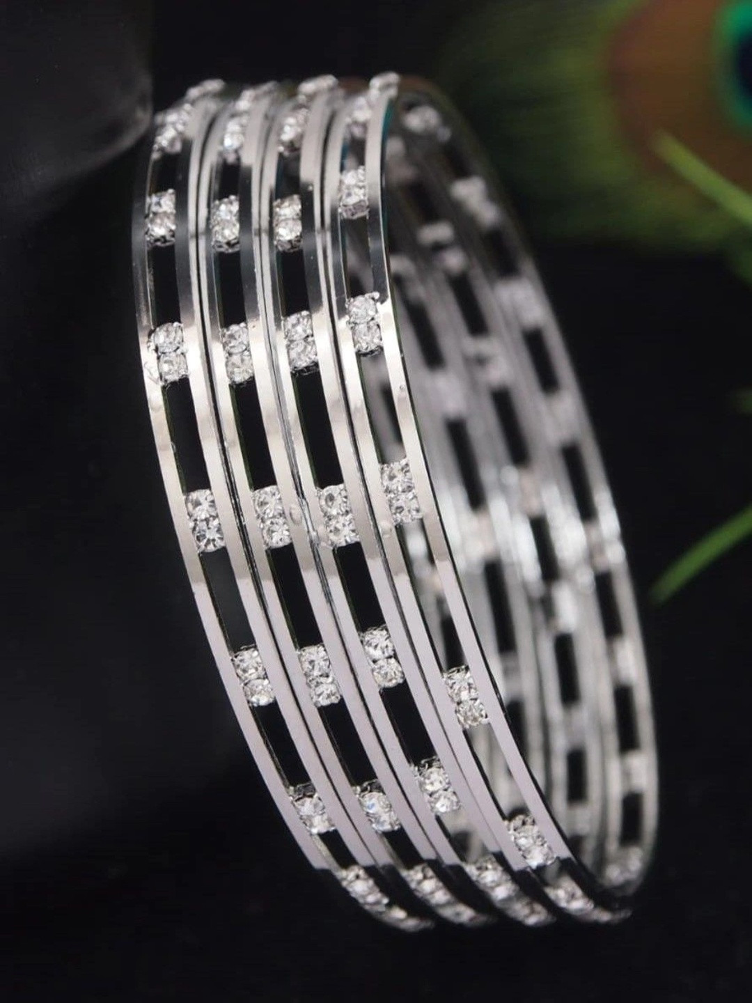 SGA FASHION Set Of 2 Silver-Plated American Diamond Stones Studded Bangles