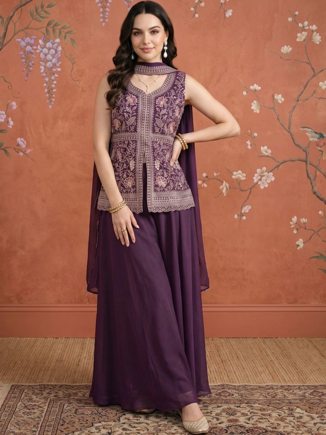 Sangria Women Ethnic Motifs Embroidered Regular Thread Work Kurti with Sharara & With Dupatta