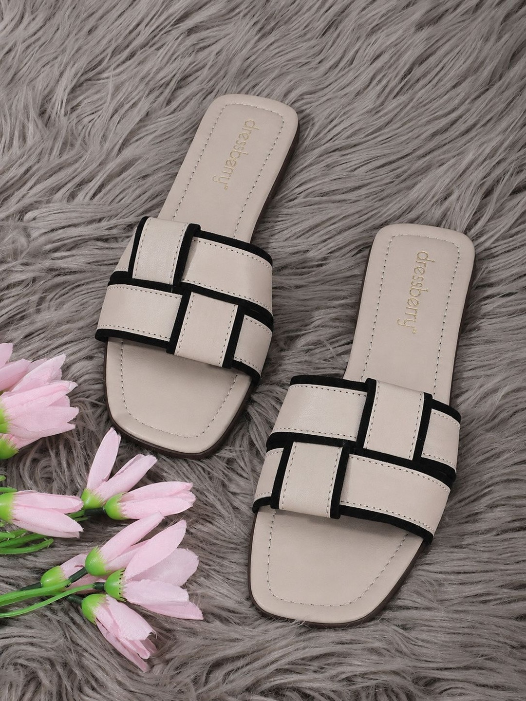 DressBerry Beige Woven Design Open Toe Flats