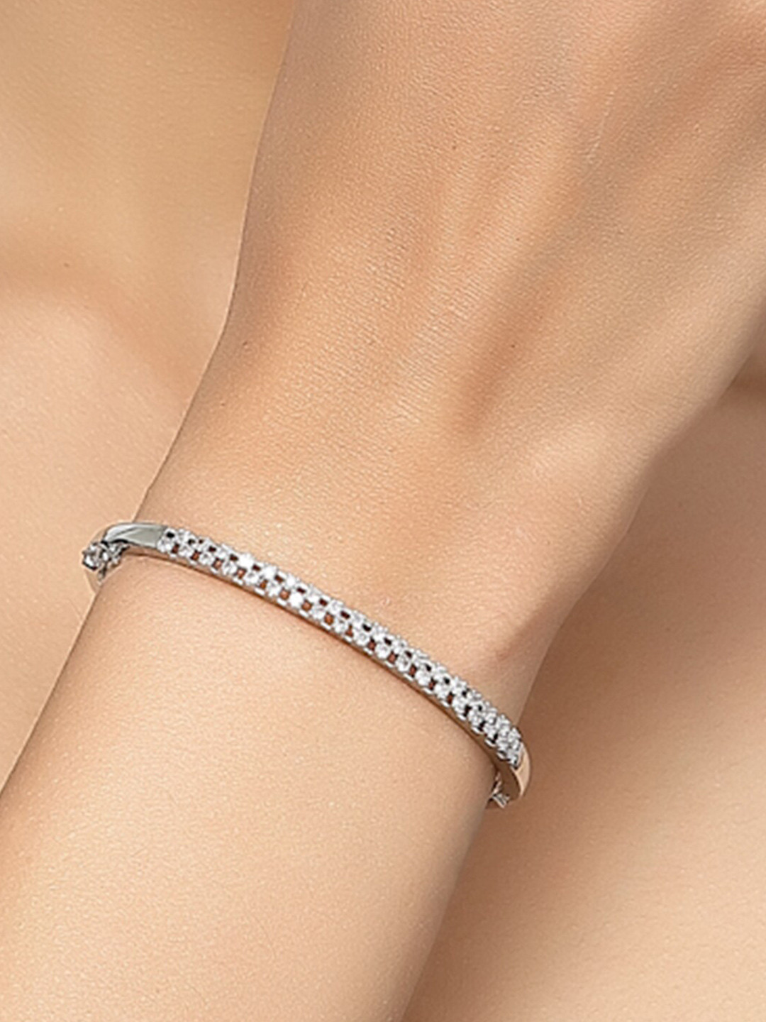 DressBerry Silver-Toned Rhodium-Plated American Diamond Studded Kada Bracelet