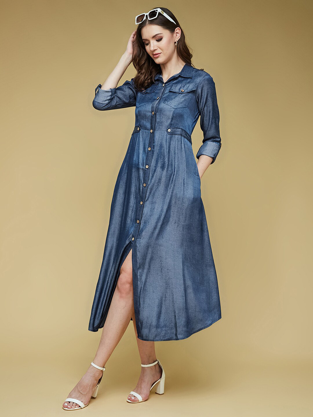 DressBerry Women Blue Shirt Collar 3/4 Sleeve Solid Midi Polyester Shirt Dress