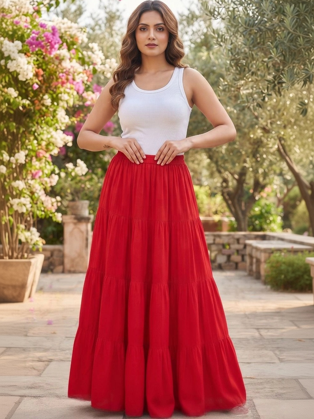 SLF INDIA Women Cotton Cambric Tiered Maxi Tiered Skirt