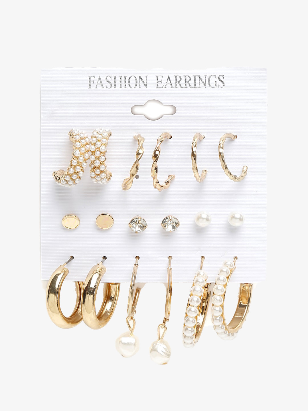 DressBerry Gold-Toned & White Set Of 9 Gold-Plated Contemporary Studs Earrings