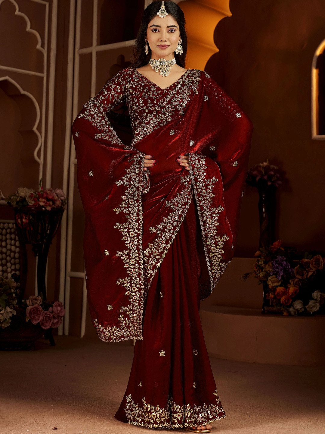 GRUHNAREE Embellished Embroidered Satin Saree
