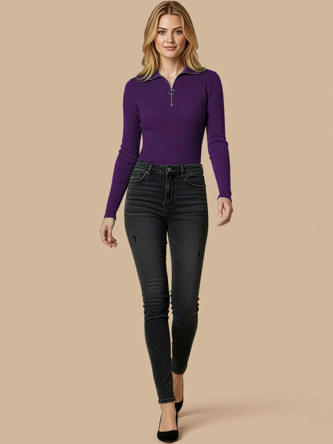 Purple Ribbed High Neck Long Sleeve Top