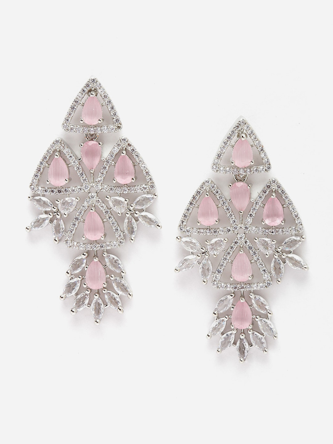 DressBerry Pink Rhodium-Plated AD Studded Teardrop Shaped Drop Earrings