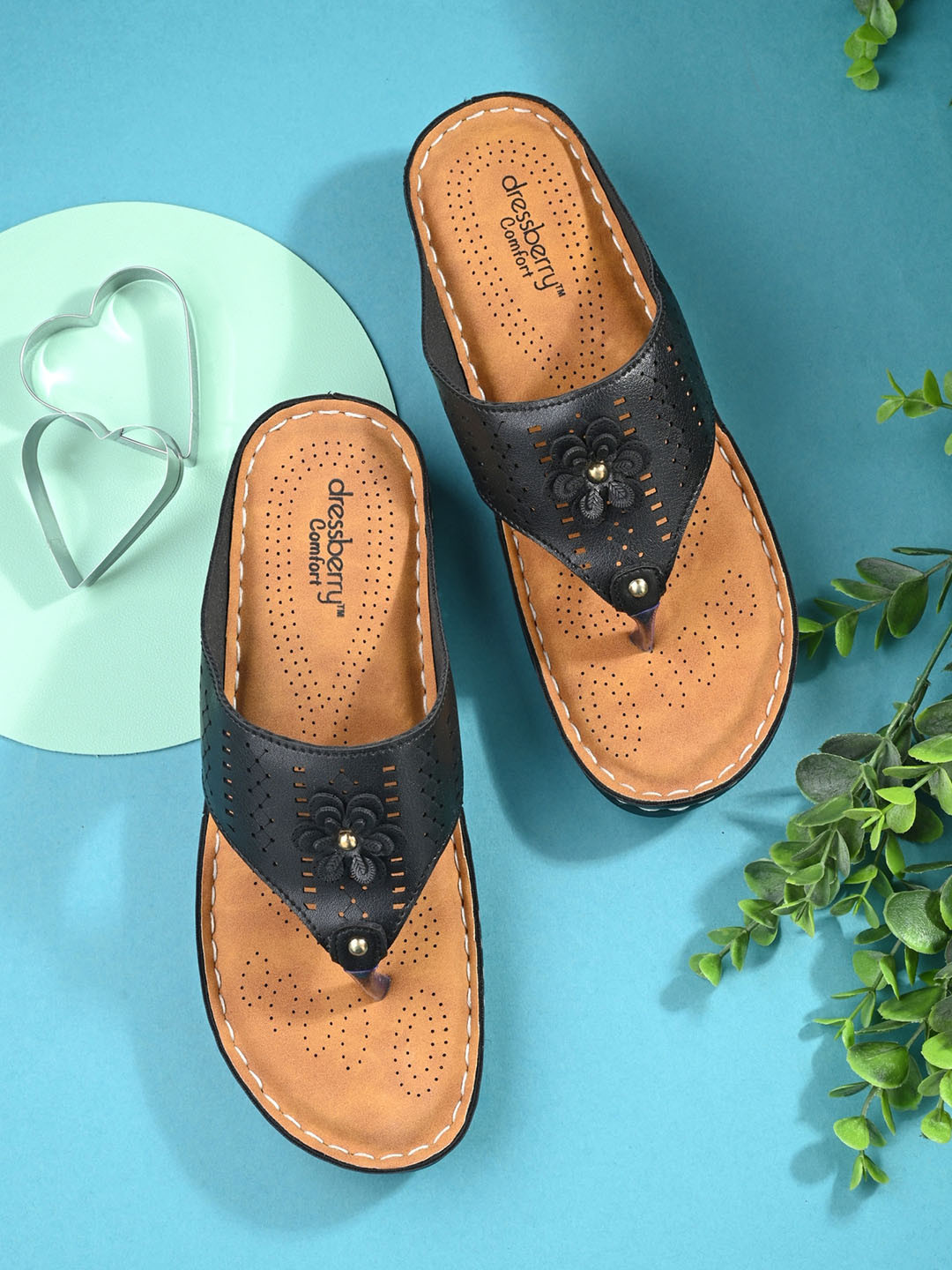 DressBerry Black Laser Cut Embellished Open Toe Flats