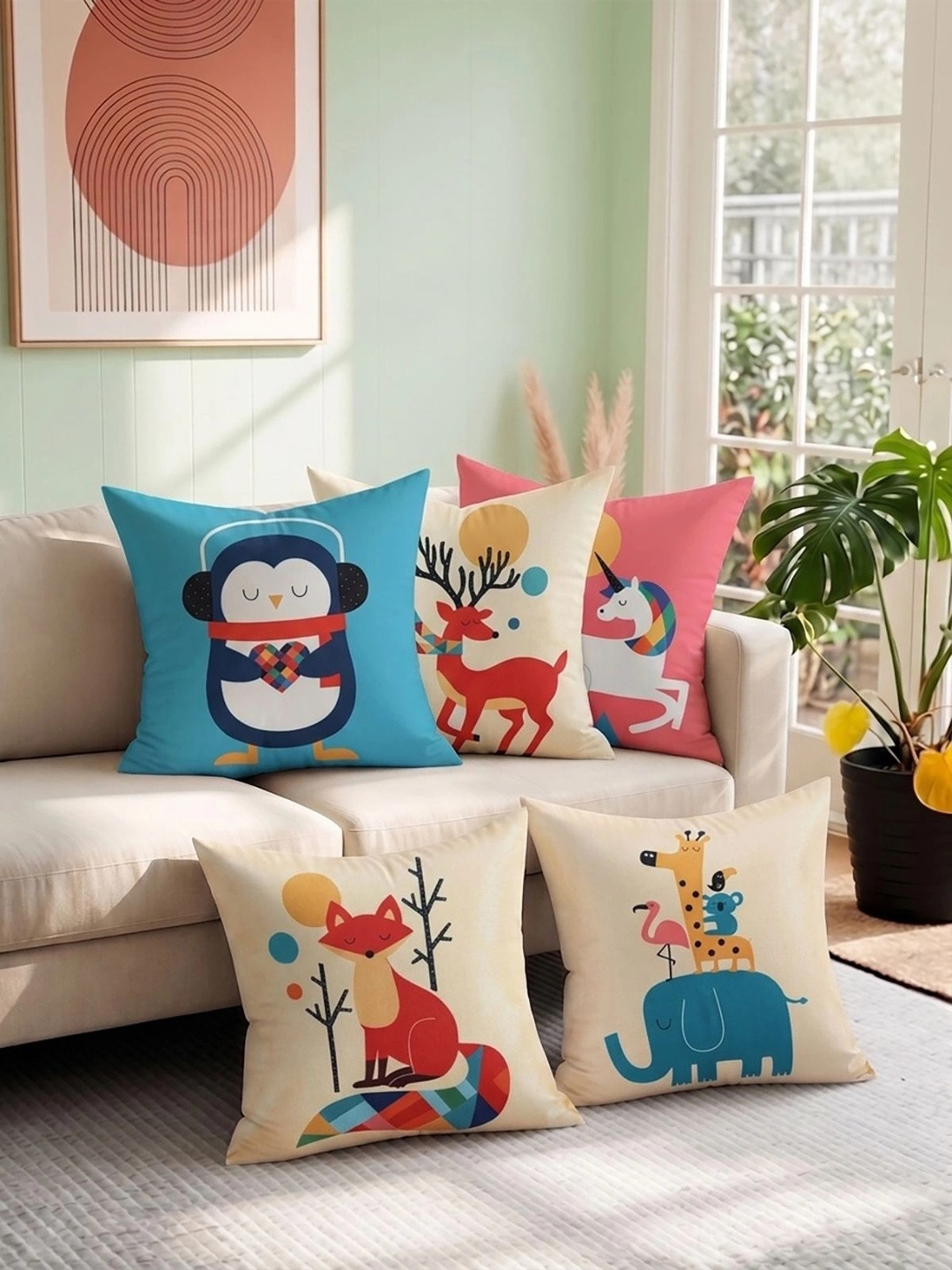ROMEE Cartoon Characters Conversational Jute Cotton 5 Pcs Cushion Covers - 16 x 16 In