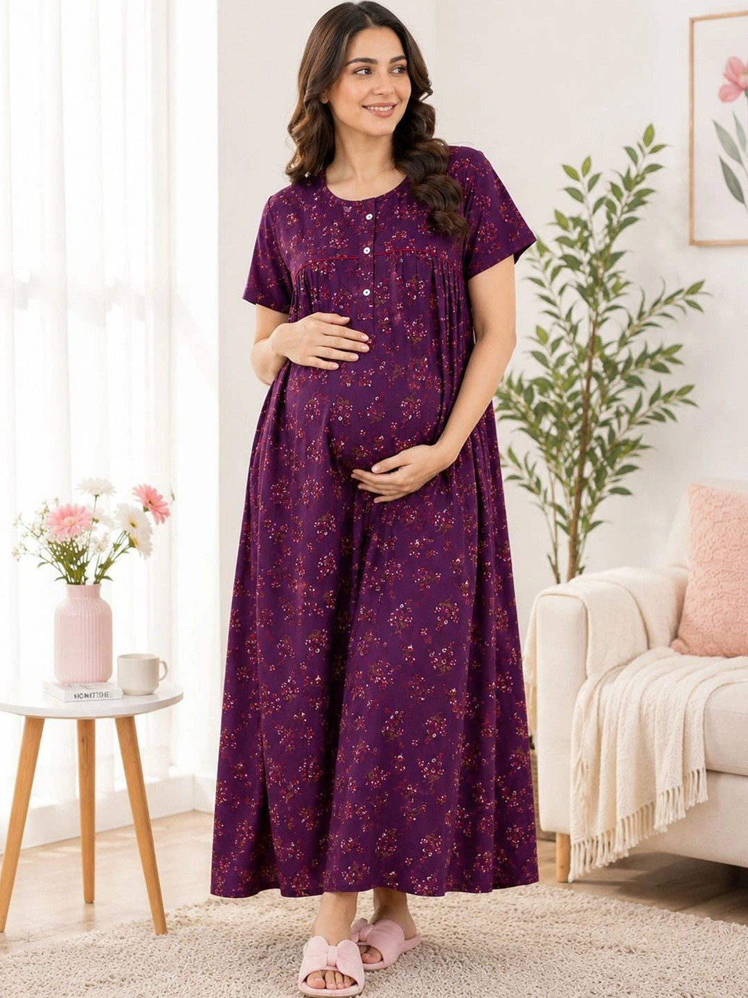 MomToBe Women Purple Printed Maxi Cotton Nightdress