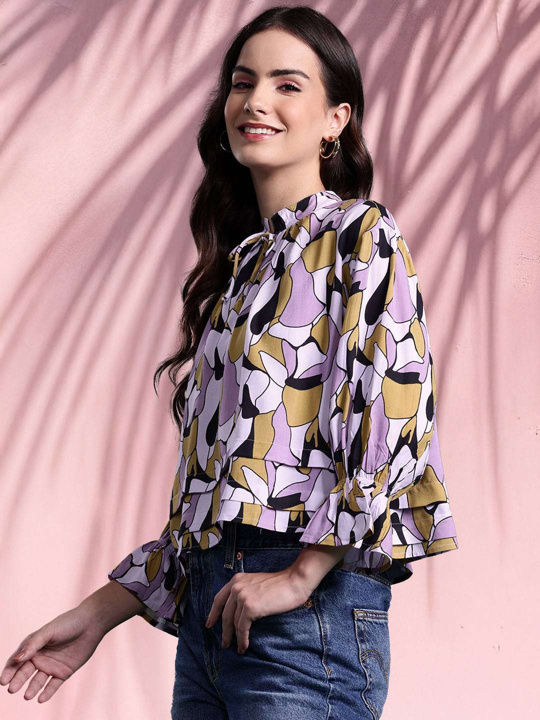 DressBerry Printed Tie-Up Neck Layered Top
