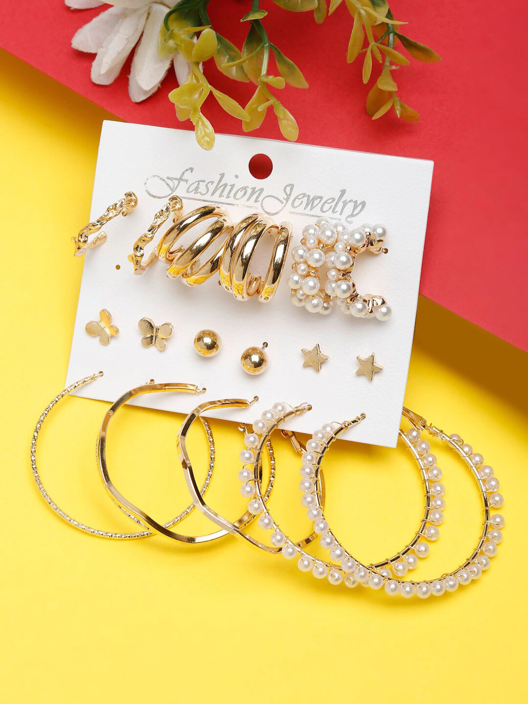 DressBerry Set Of 9 Gold-Plated Hoop Earrings