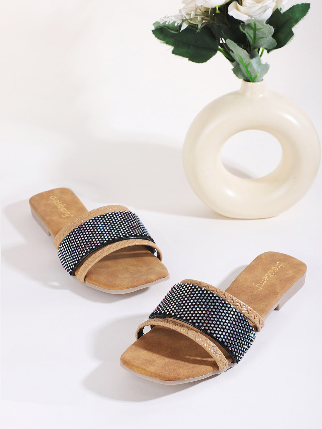 DressBerry Tan Embellished Open Toe Flats