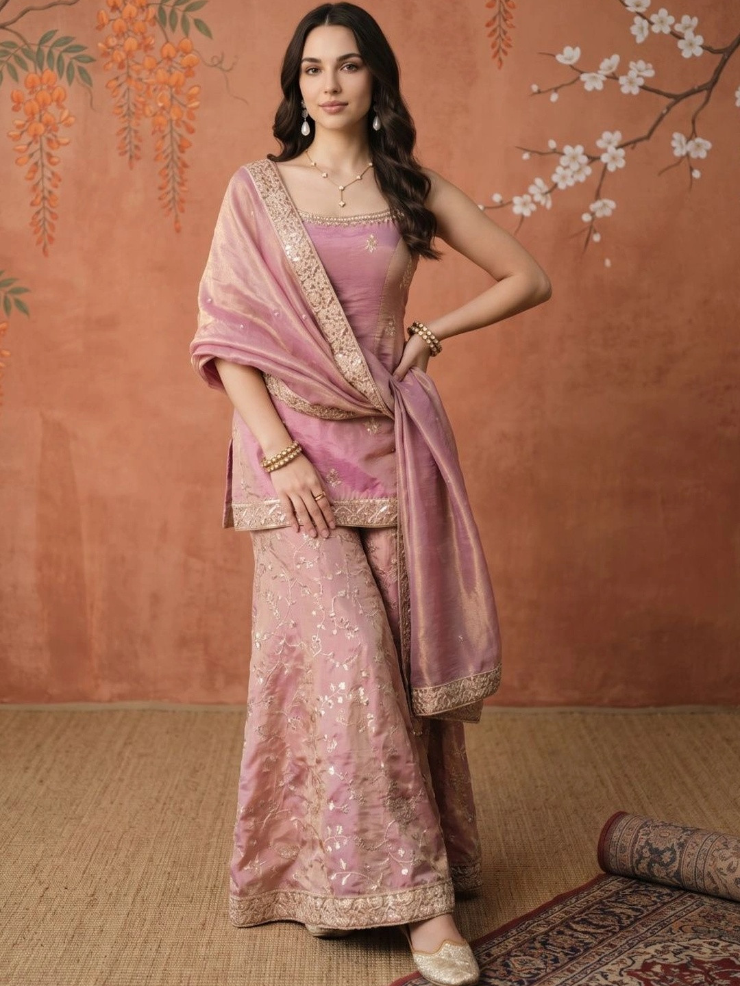 Sangria Women Ethnic Motifs Embroidered Regular Sequinned Kurta with Sharara & With Dupatta