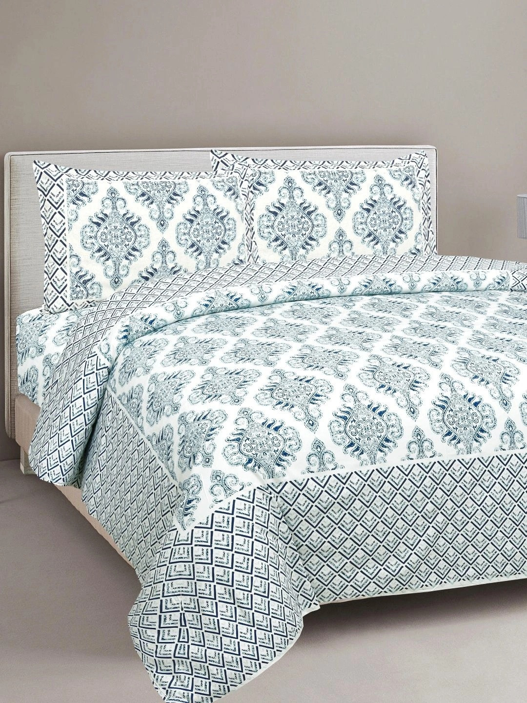 JAIPUR FABRIC Jaipuri White Floral Pure Cotton 210 TC King Fine Bedsheet with 2 Pillow Covers-108 x 108 inches