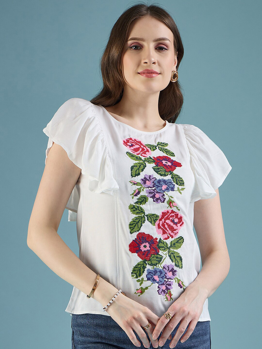 DressBerry White Floral Print Flutter Sleeve Top