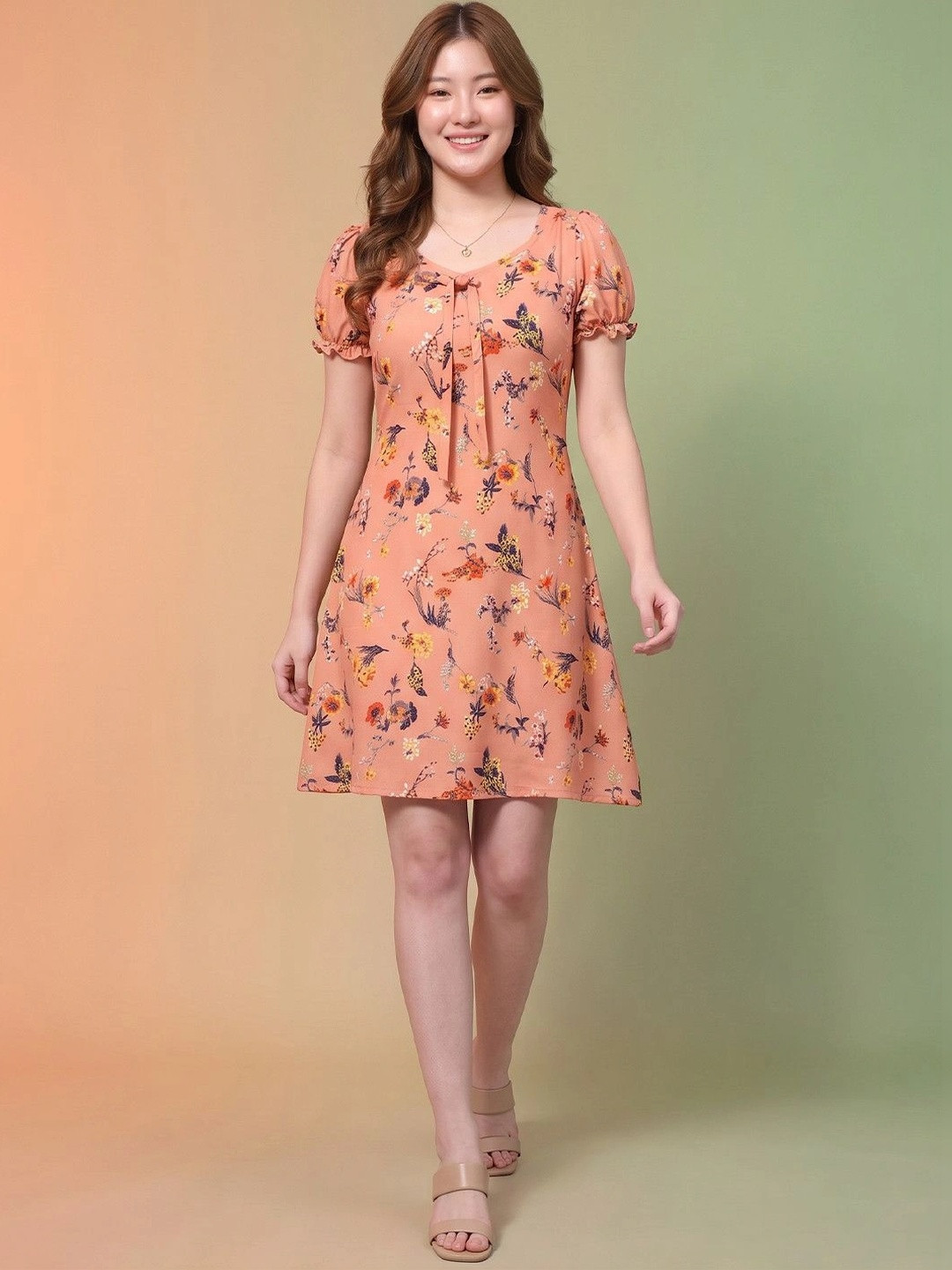 DressBerry Floral Print Puff Sleeve Crepe A-Line Dress