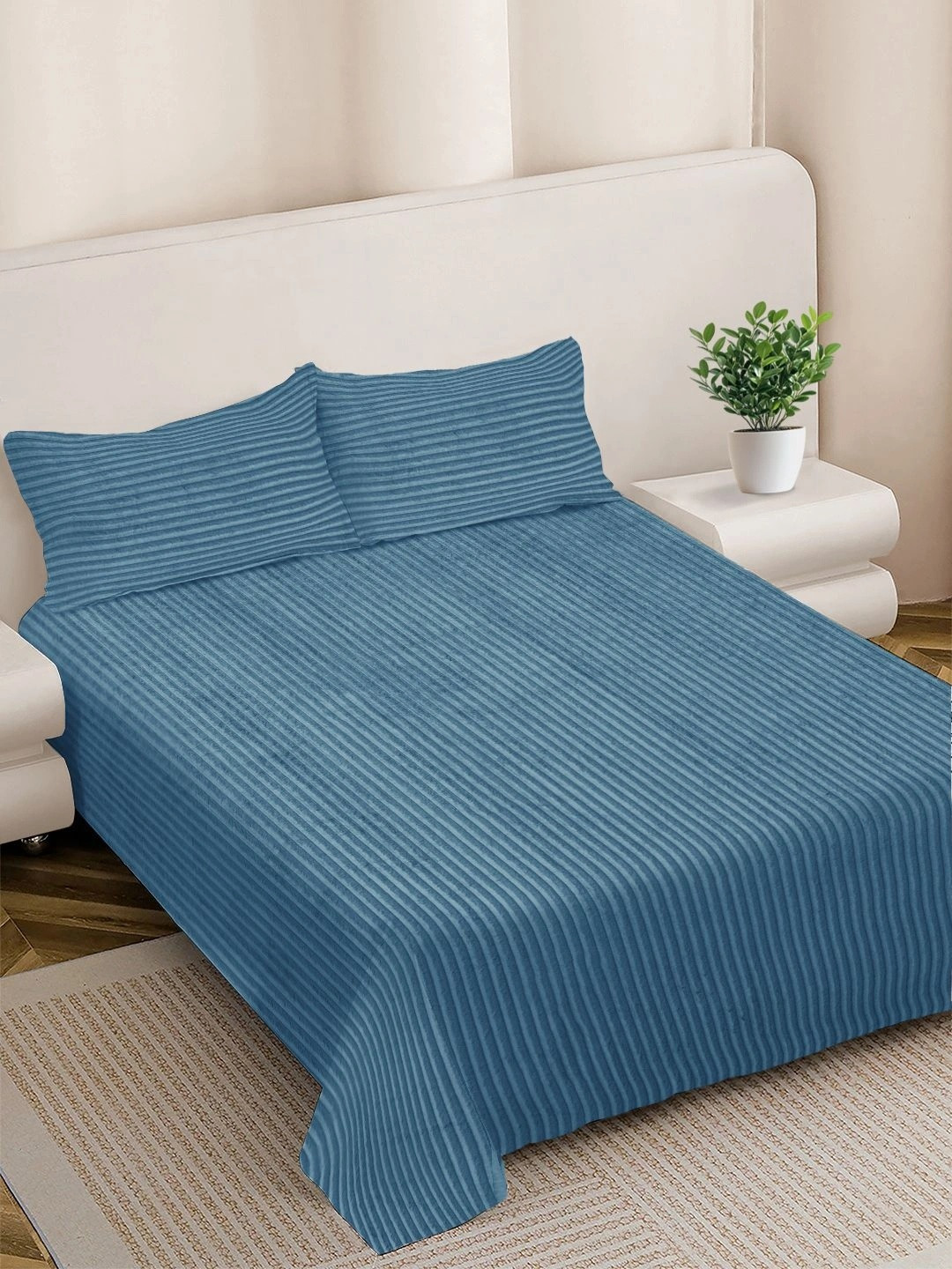 Myntra Elegant Homes Blue Striped 300 TC King Bedsheet with 2 Pillow Covers