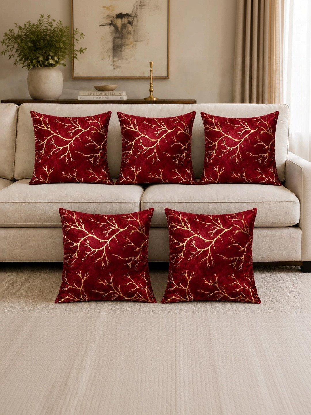 YUKANY Maroon Set of 5 Floral Velvet Blend Square Cushion Covers