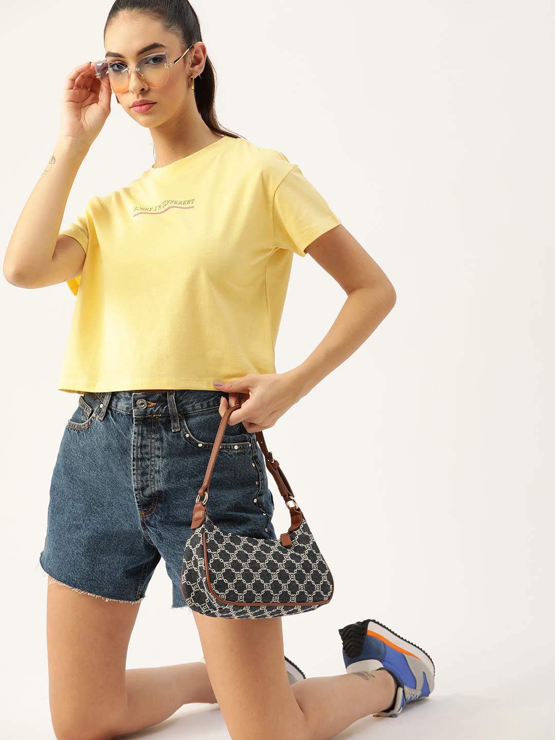 DressBerry Women Yellow Printed Detail Drop-Shoulder Sleeves Cropped T-shirt