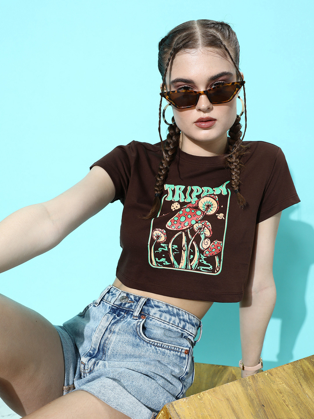 DressBerry Chocolate Brown Printed Pure Cotton Hollaback Neck It Is Crop T-shirt