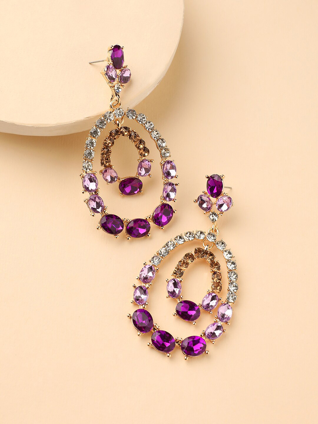 DressBerry Gold-Plated Stone-Studded Contemporary Drop Earrings