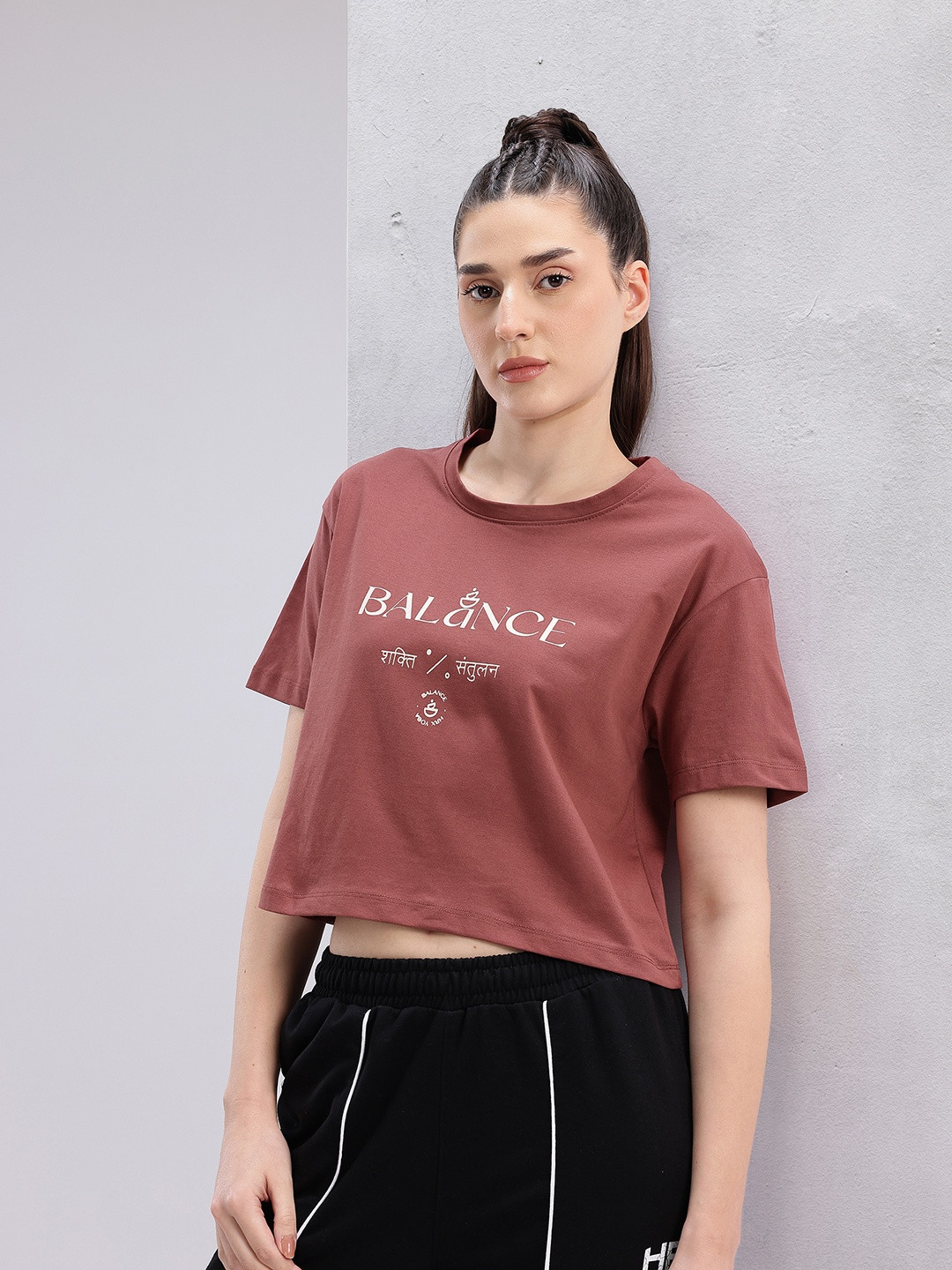 HRX by Hrithik Roshan Typography Print Drop-Sleeves Pure Cotton Crop Boxy Fit Yoga T-shirt