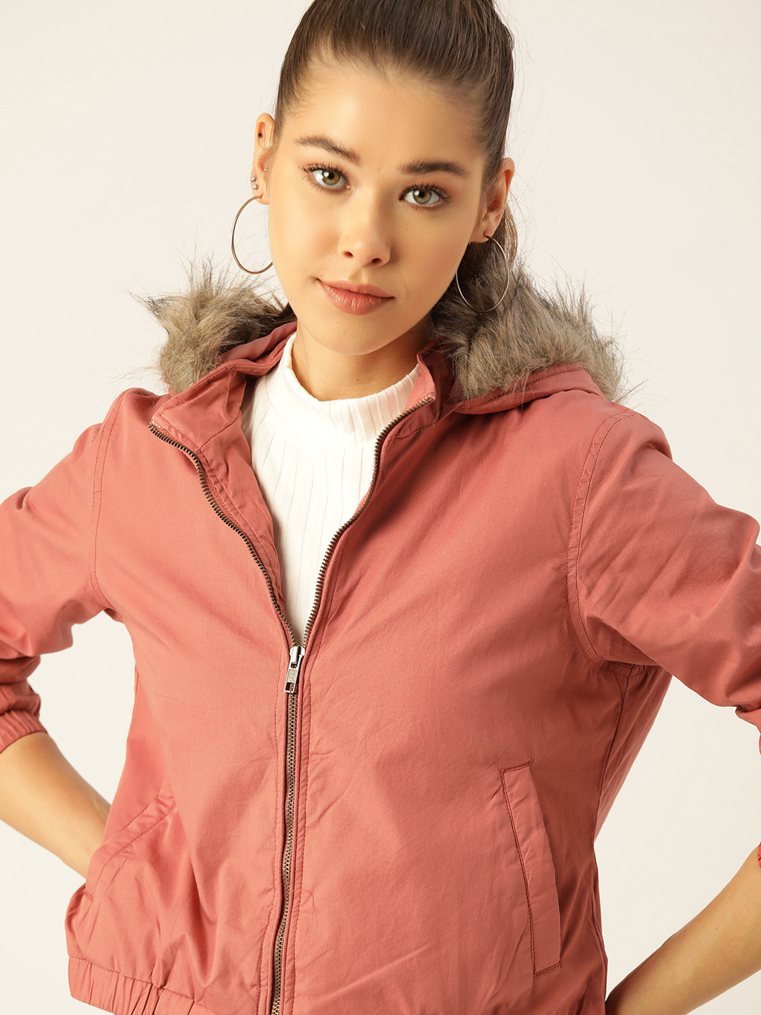 DressBerry Women Dusty Pink Pure Cotton Solid Hooded Parka Jacket with Faux Fur Trim