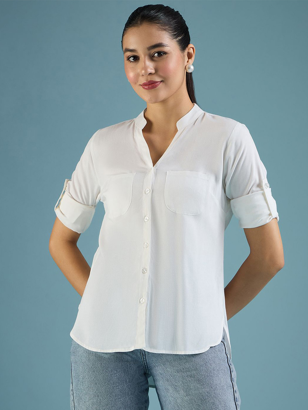 DressBerry White Classic Mandarin Collar Casual Shirt