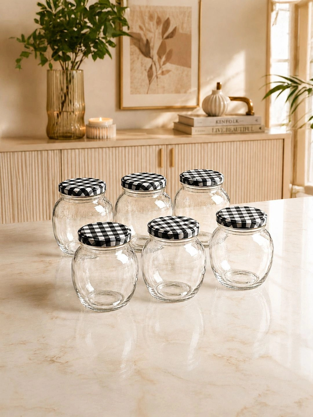 MARKET99 6 Piece Transparent Glass Container with Black Lid 375 ml Each