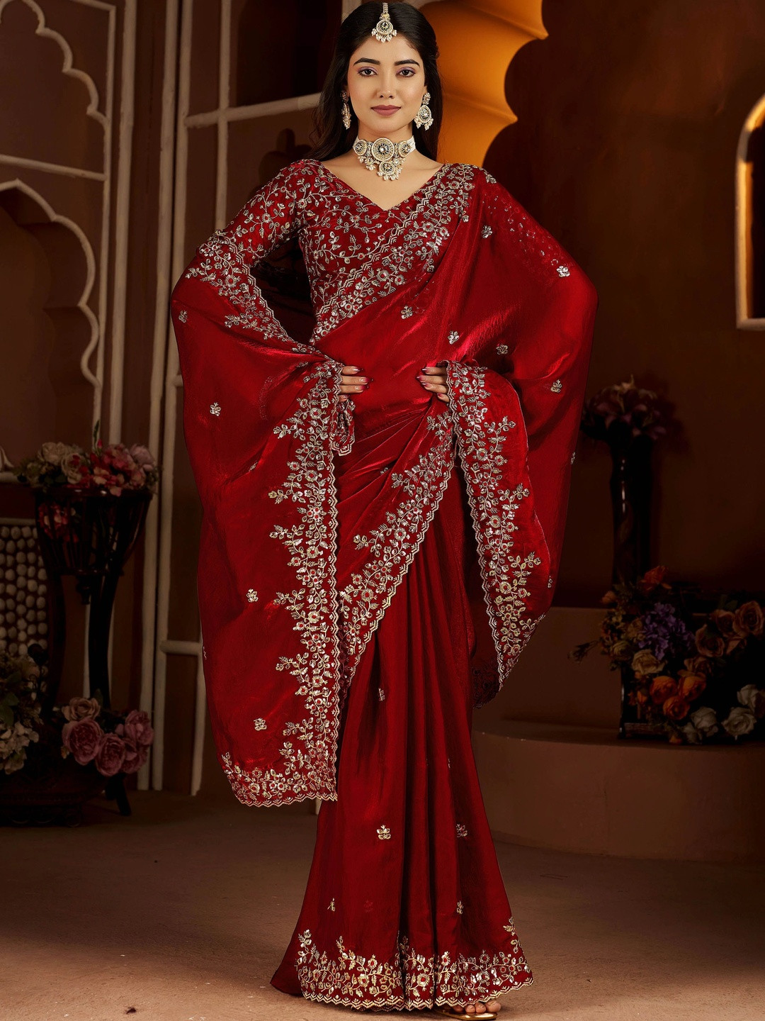 GRUHNAREE Floral Embroidered Satin Saree with Heavy Jari Embroidery Work & Designer Blouse