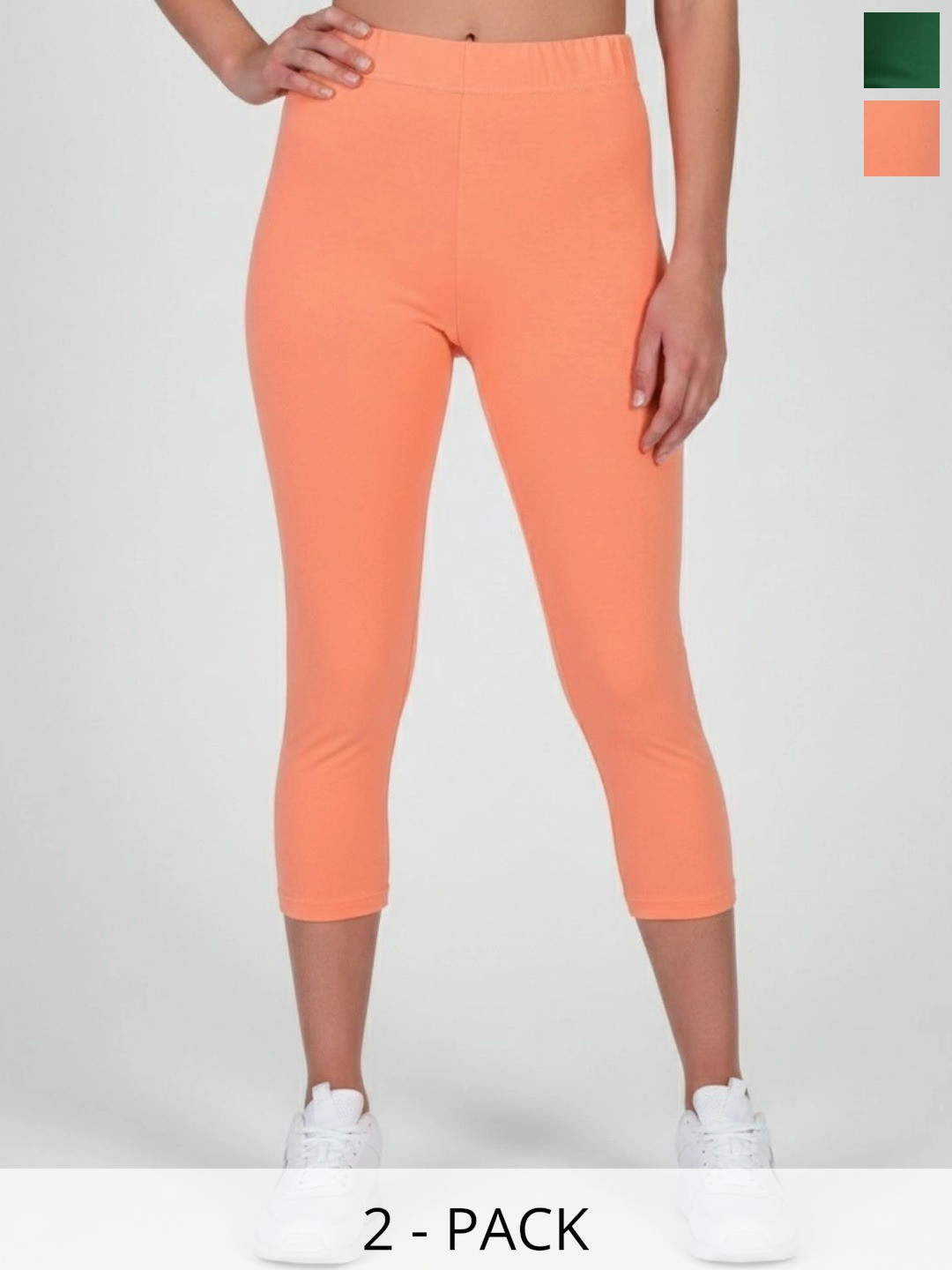 ZAYANQA Pack of 2 Green & Coral Orange Slim Fit Stretch Cotton Three Fourth Capri Leggings