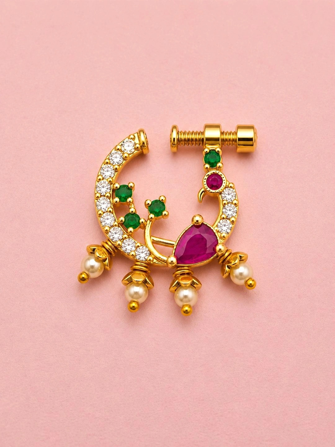 ADIVA Gold-Plated Multicolor AD Stone Pearl Peacock Nose Ring