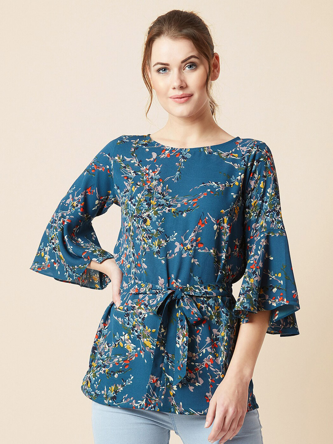 DressBerry Turquoise Blue Floral Printed Flared Sleeve Crepe Cinched Waist Top