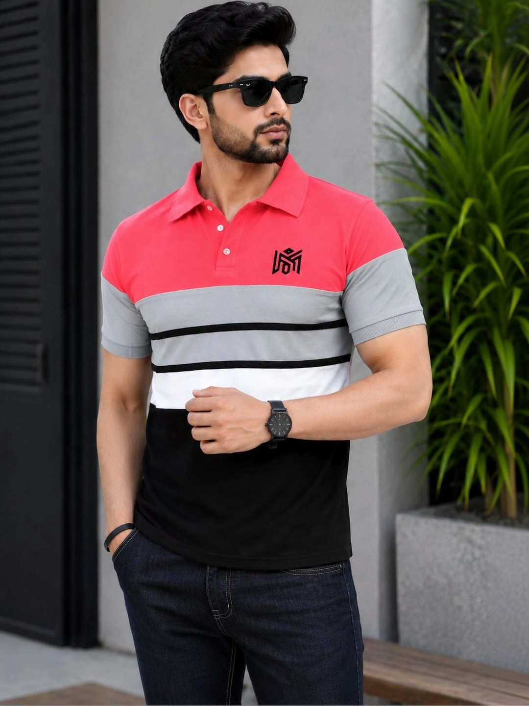 Lolark Men Brand Logo Colourblocked Polo Collar Cotton T-Shirt